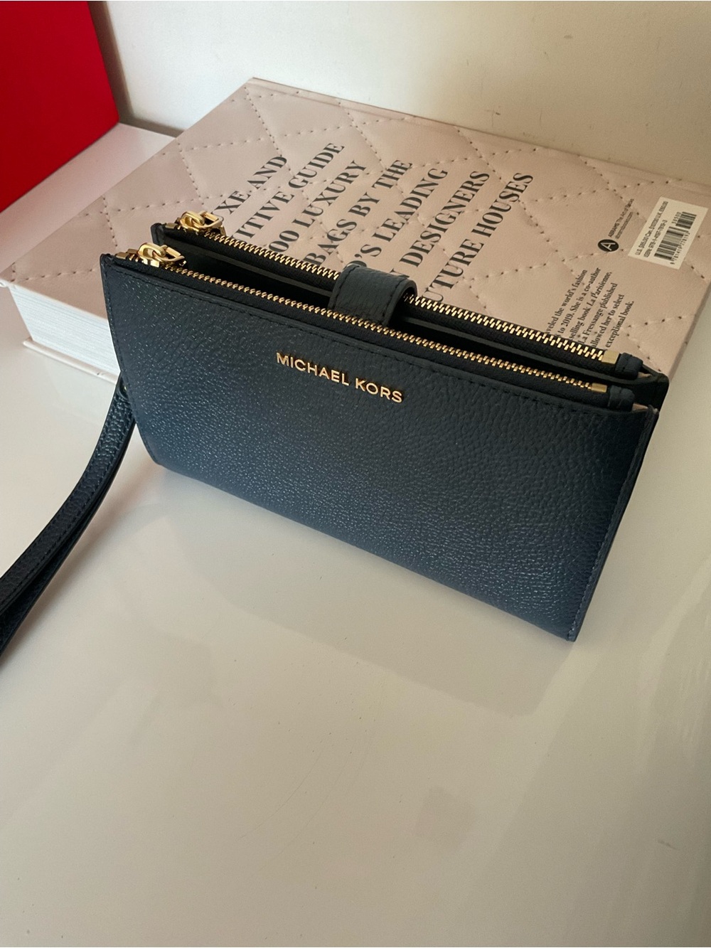 Michael Kors Adele Navy Blue Pebbled Leather Wristlet/ Wallet with Gold Hardware